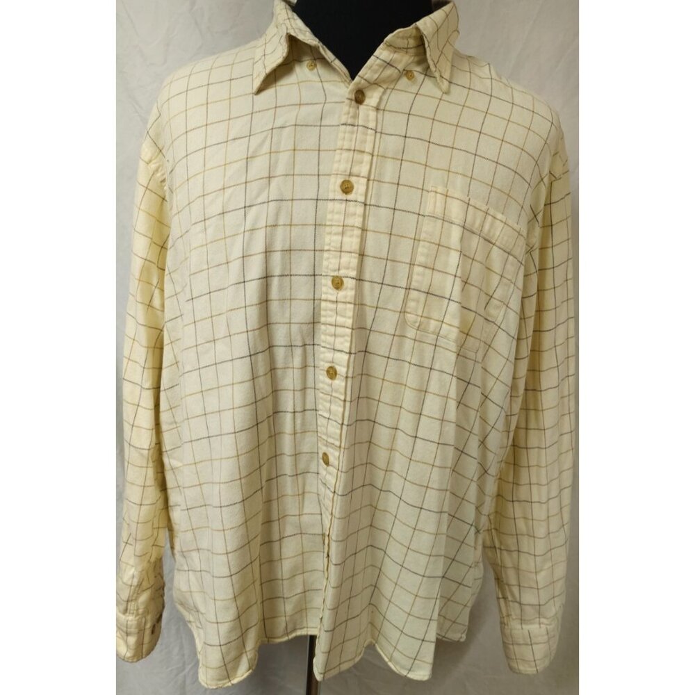 Lands End Mens 4XL Cream Check Button Down Long Sleeve Portuguese Flannel Shirt